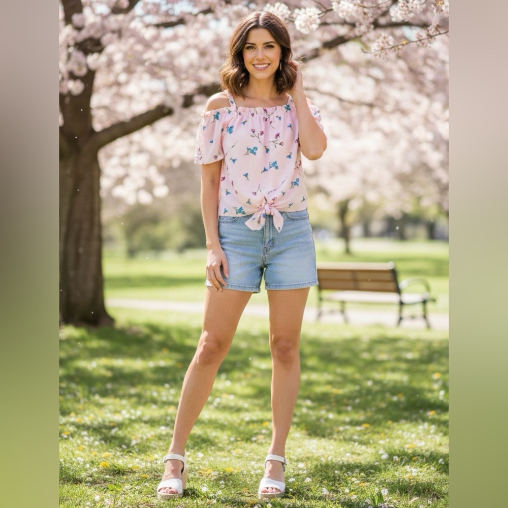 🌸✨ Lily White Pink Floral Cold Shoulder Tie Front Top | Sz S